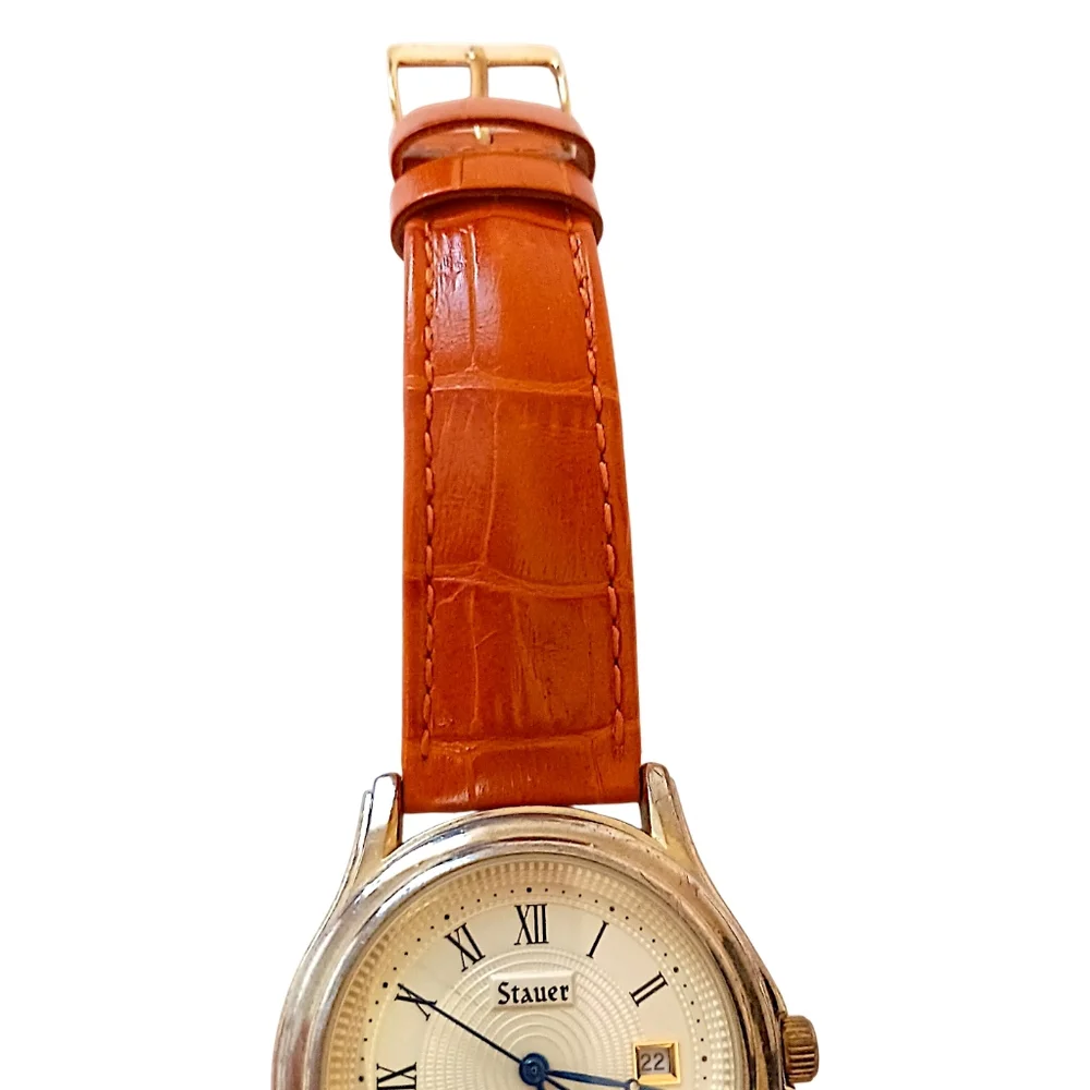 Stauer Metropolitan Watch Mens 39mm Gold Tone Dial Leather Band Date WORKS VIDEO